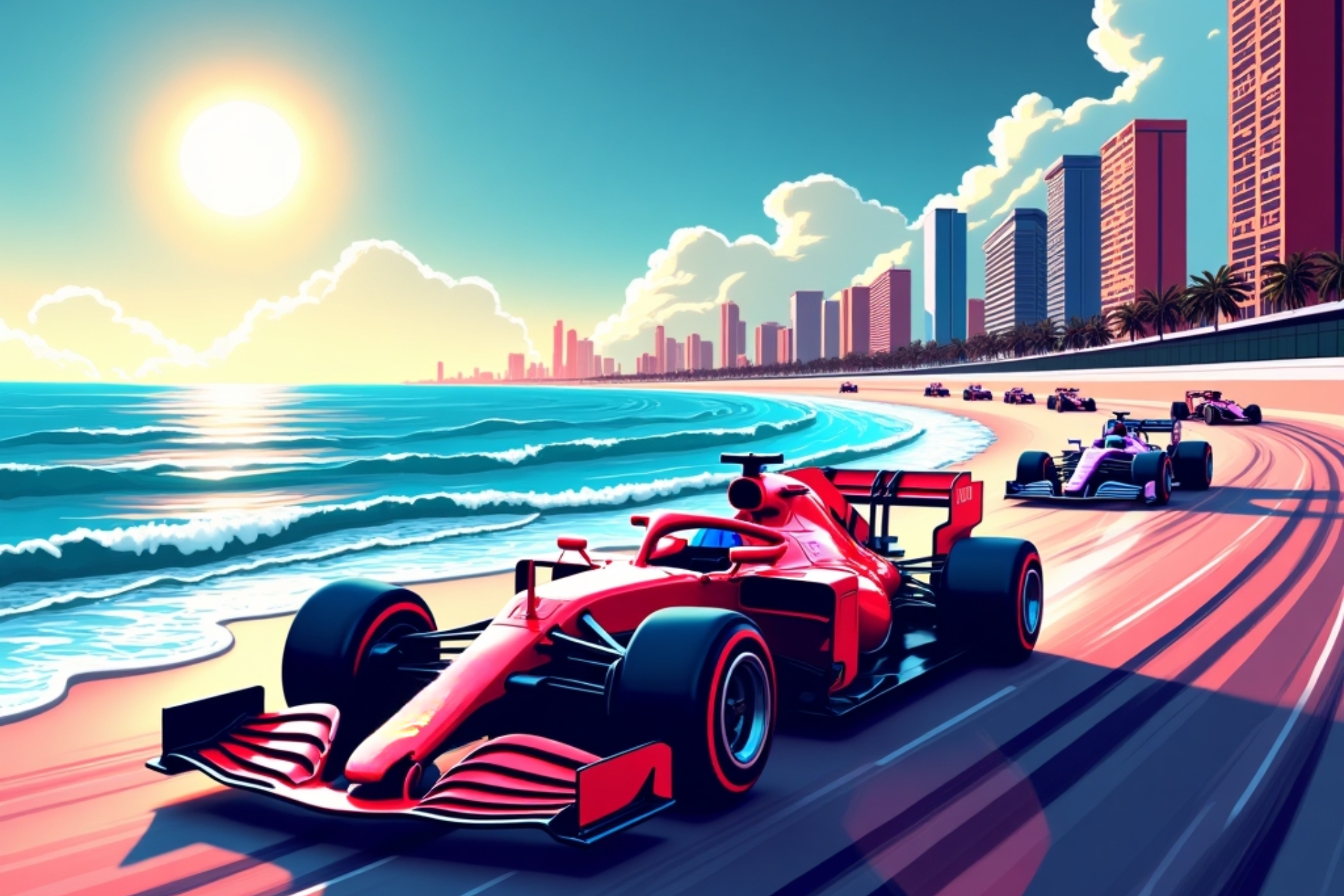 Artist impression of cars racing along Miami Beach