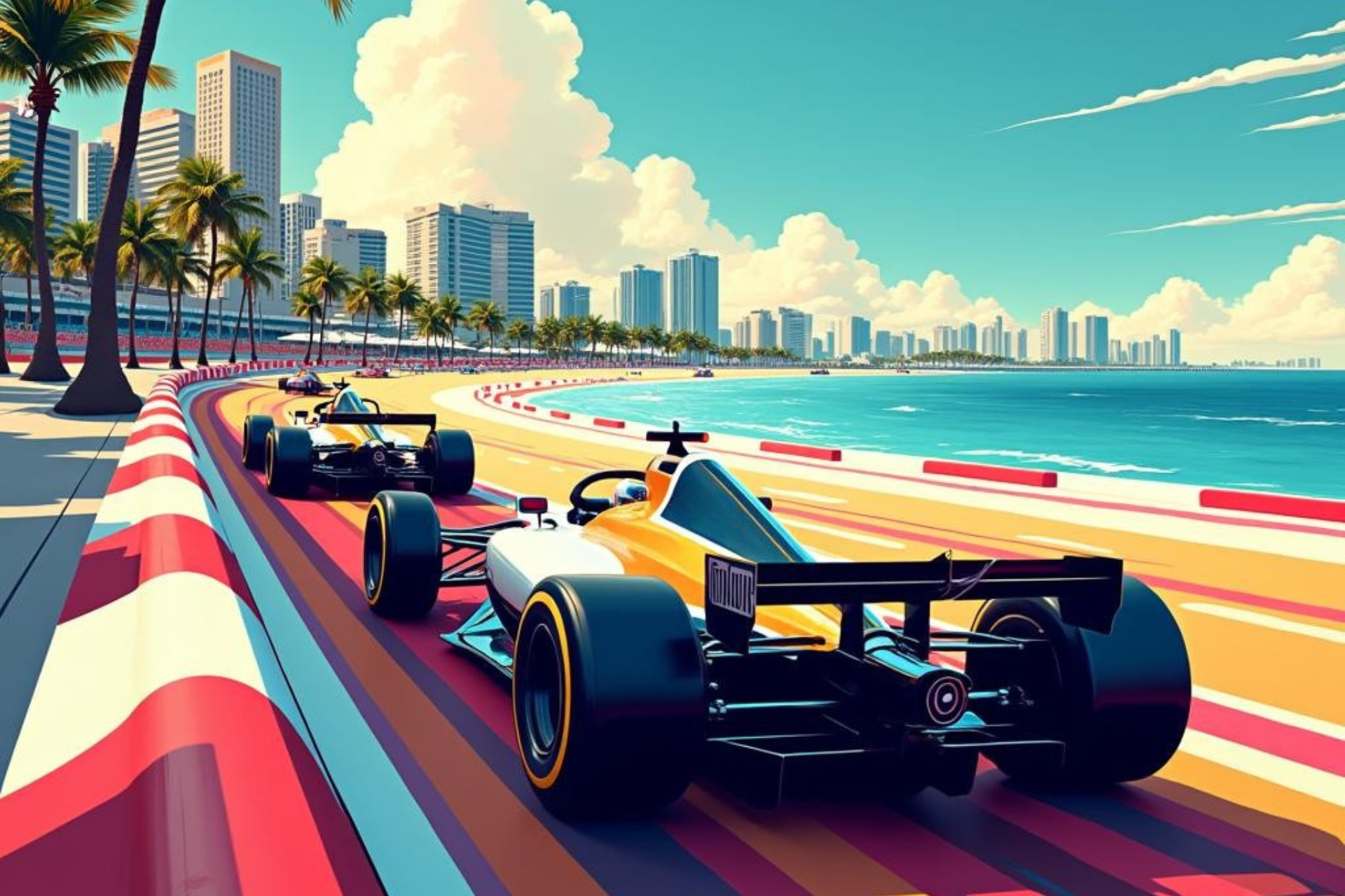 Cars racing on Miami Beach