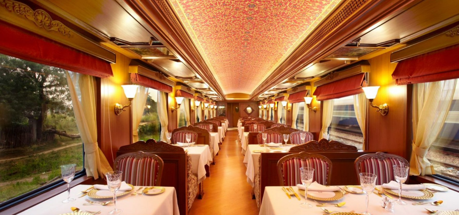 The dining cart on the luxury Maharajas Express Train in India